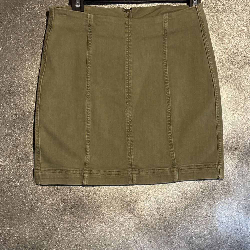 Free People Olive Green Denim Mini Skirt High Waisted Seamed Utility Skirt Sz 4